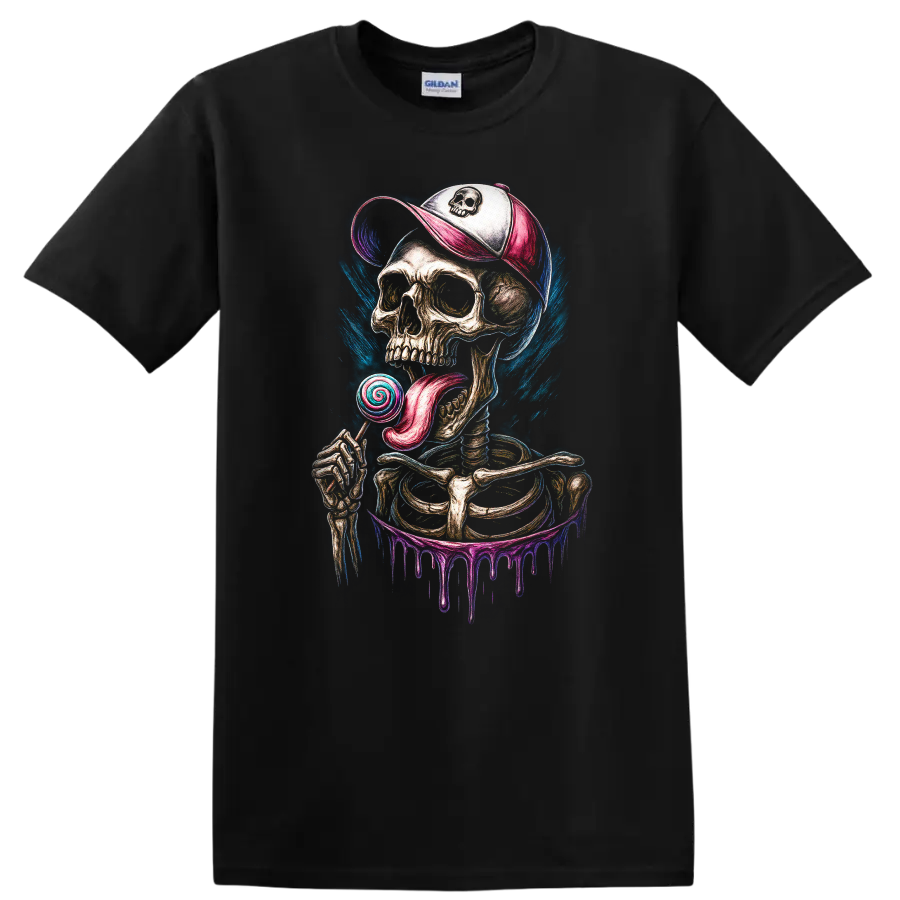 Gothic skeleton skull in cap licking a spiral lollipop with colorful paint drips on a Black T Shirt