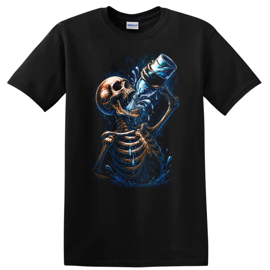 Vintage gothic skeleton drinking water with vivid blue splashes and skull art on a Black T Shirt