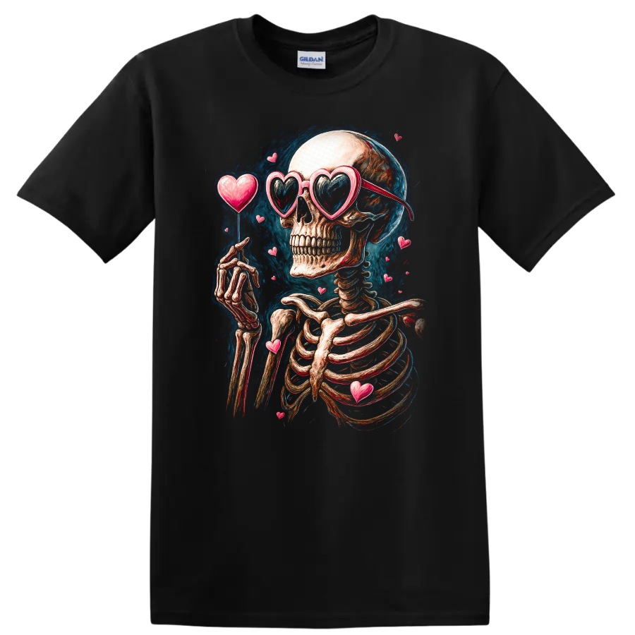 Vintage gothic skeleton in heart sunglasses surrounded by floating hearts on a Black T Shirt