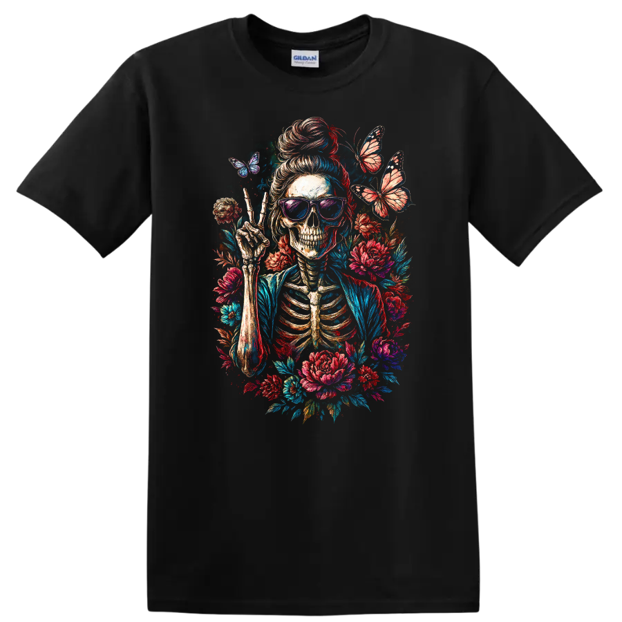 Vintage skeleton in sunglasses making a peace sign with flowers and butterflies on a Black T Shirt
