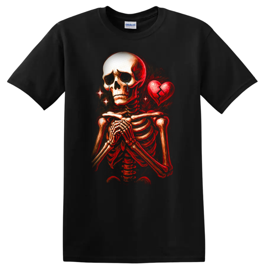 Crying skeleton with clasped hands and cracked heart in vintage gothic art on a Black T Shirt