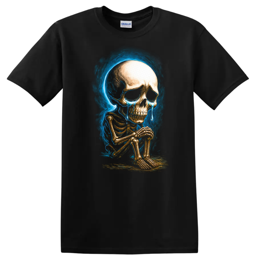 Crying seated skeleton with blue tears and smoky gothic skull artwork on a Black T Shirt