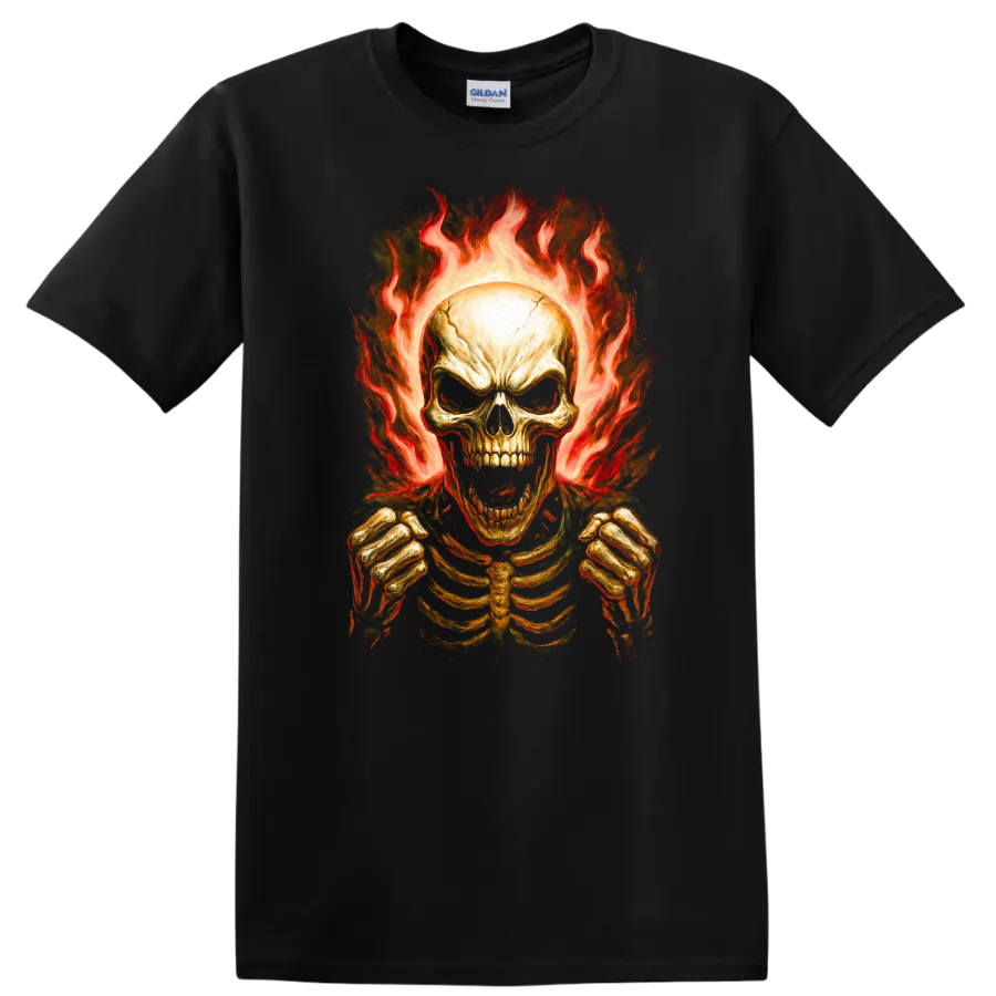Vintage gothic flaming skeleton skull with rib cage and clenched hands on a Black T Shirt