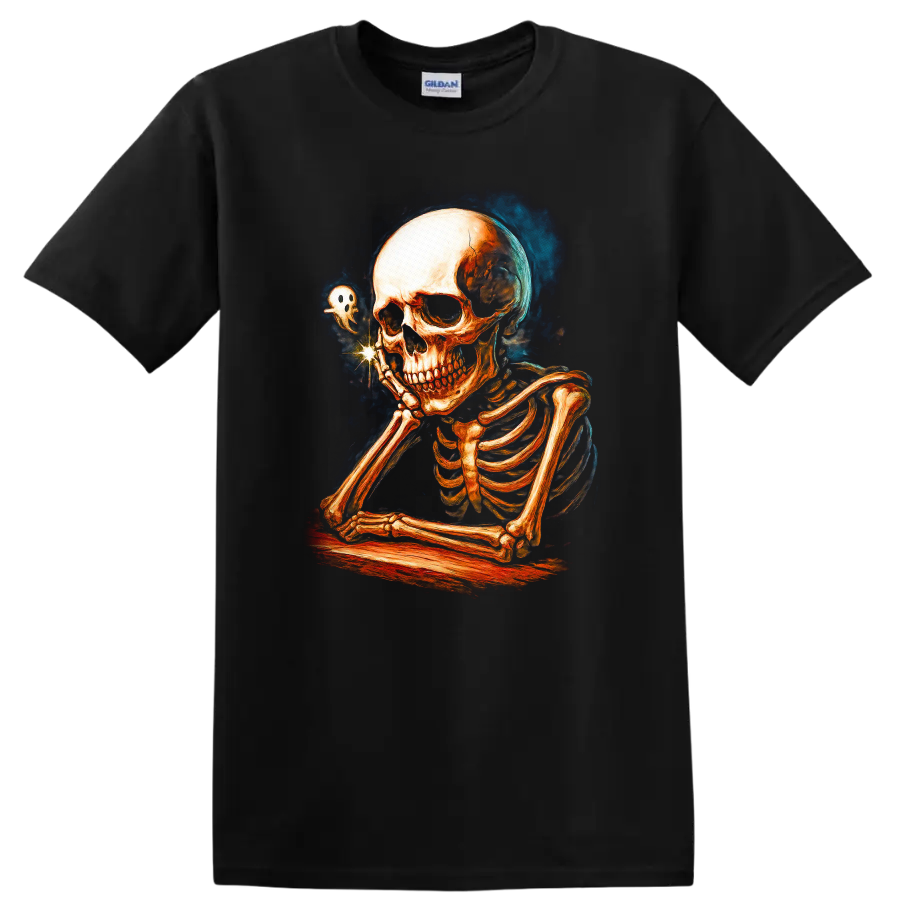 Contemplative skeleton with a tiny ghost in vintage Gothic illustration on a Black T Shirt