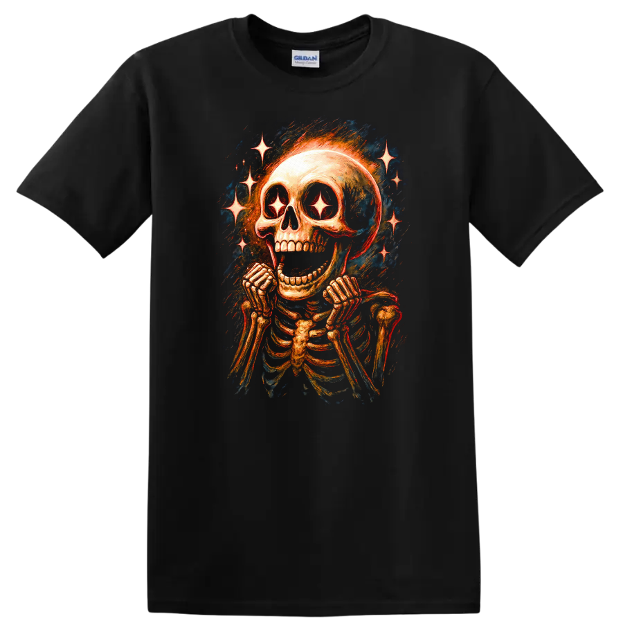 Vintage gothic grinning skeleton skull with sparkling star eyes and radiant stars on a Black T Shirt