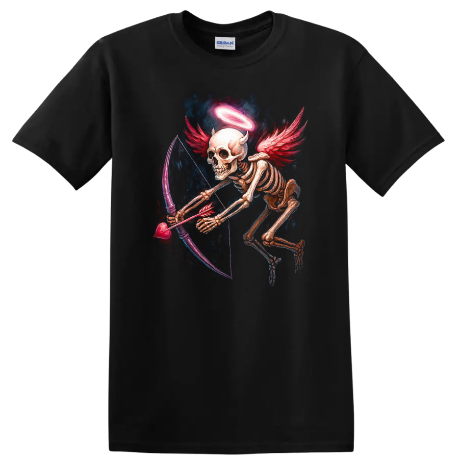 Winged skeleton archer with halo, red wings, and heart-shaped bow in gothic art on a Black T Shirt