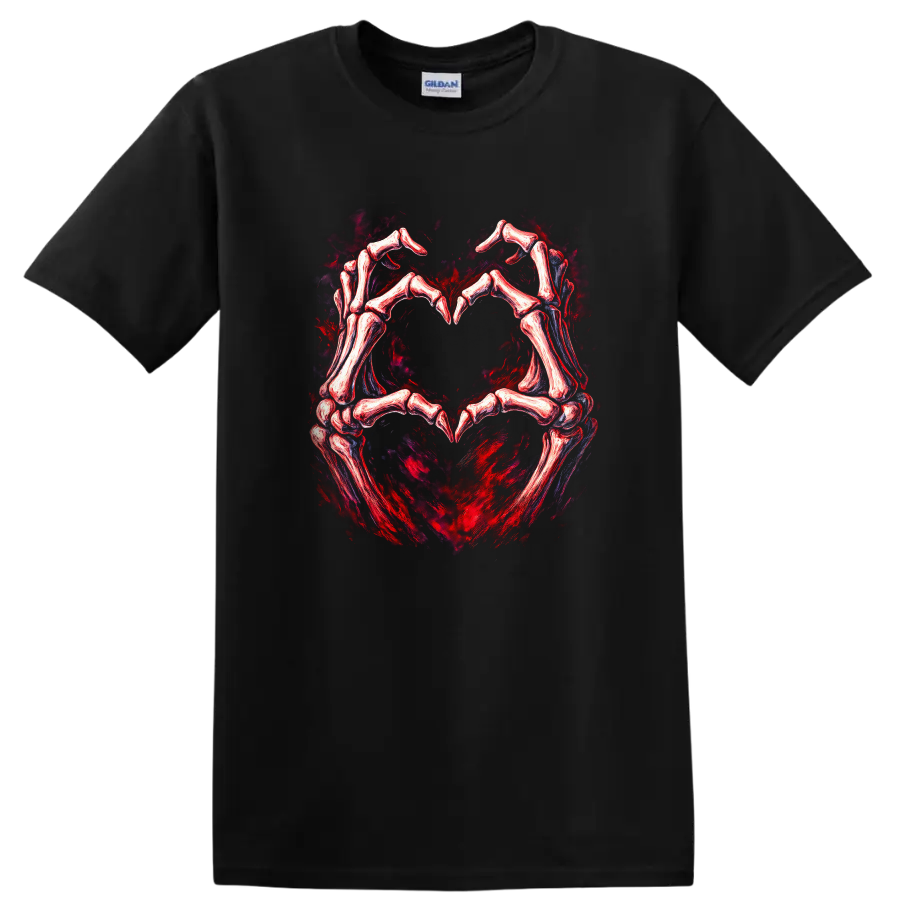 Skeletal hands forming a heart in distressed red and black gothic art on a Black T Shirt