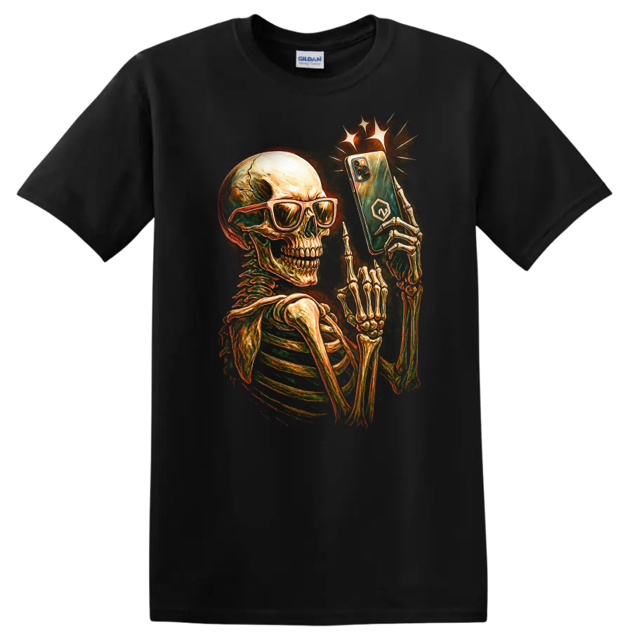 Vintage skeleton in sunglasses holding a smartphone gothic graphic print on a Black T Shirt