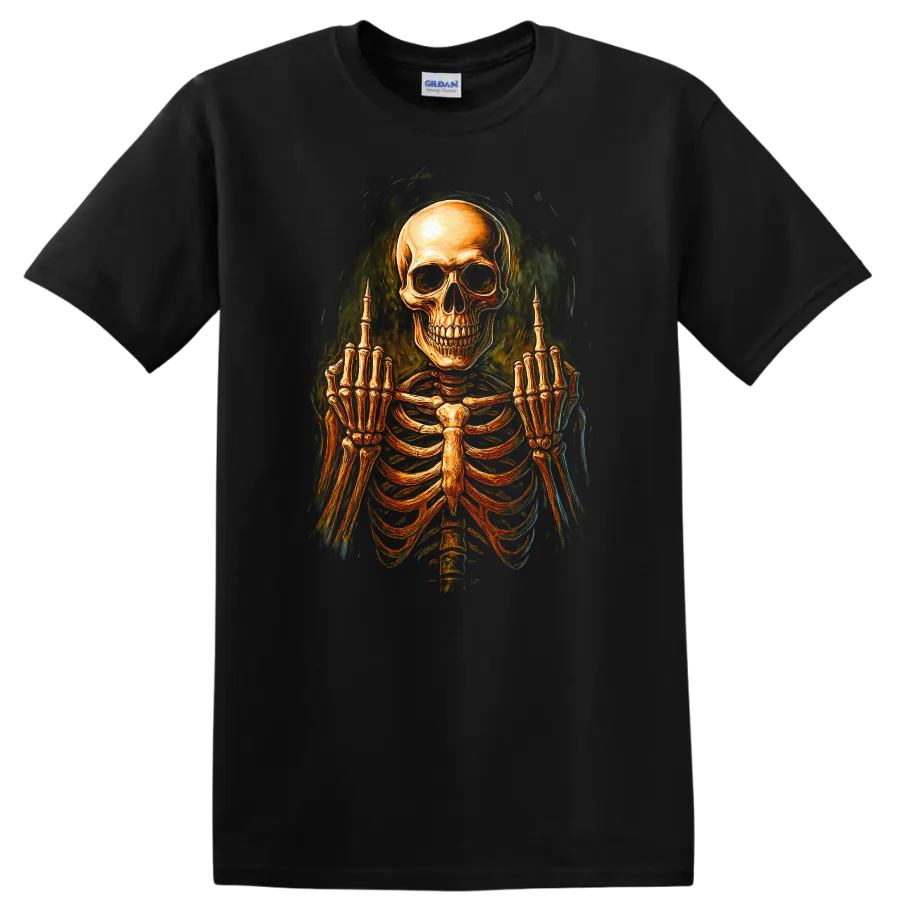 Vintage gothic skeleton skull and rib cage graphic with raised middle-finger hands on a Black T Shirt