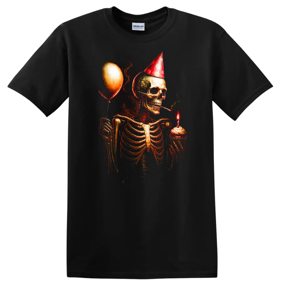 Vintage gothic skeleton in party hat holding a cupcake candle and balloon on a Black T Shirt