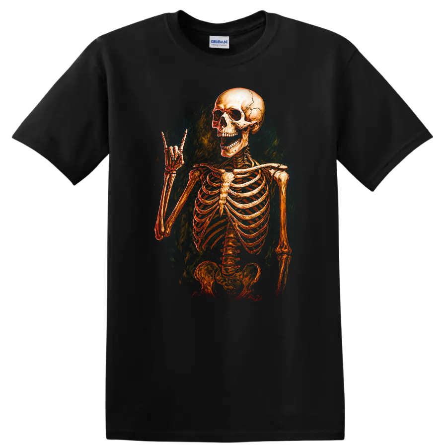 Vintage grinning skeleton raising a horn hand in distressed gothic illustration on a Black T Shirt