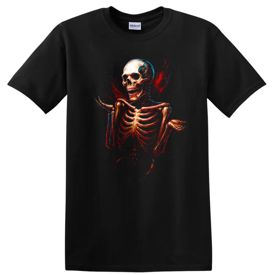 Vintage skull and skeleton graphic with red and blue gothic splatter on a Black T Shirt