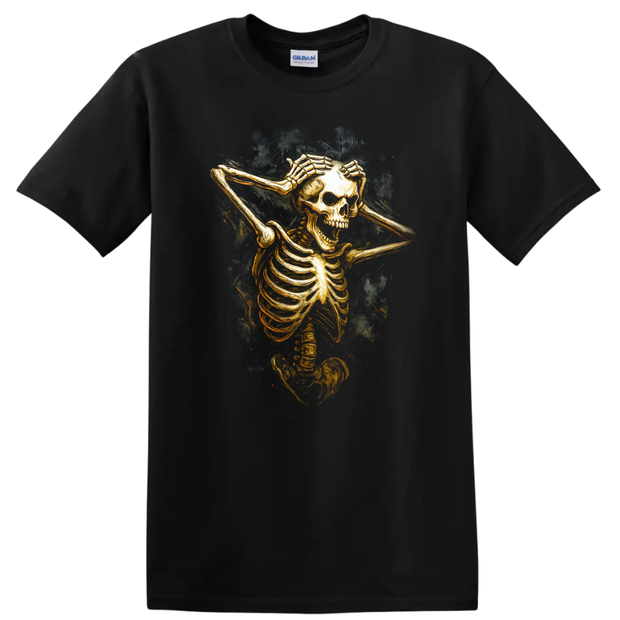 Vintage gothic skeleton skull illustration with hands framing its face on a Black T Shirt