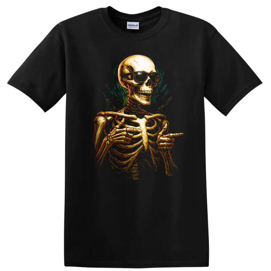 Vintage gothic skeleton in sunglasses pointing, with smoky teal flame-like artwork on a Black T Shirt