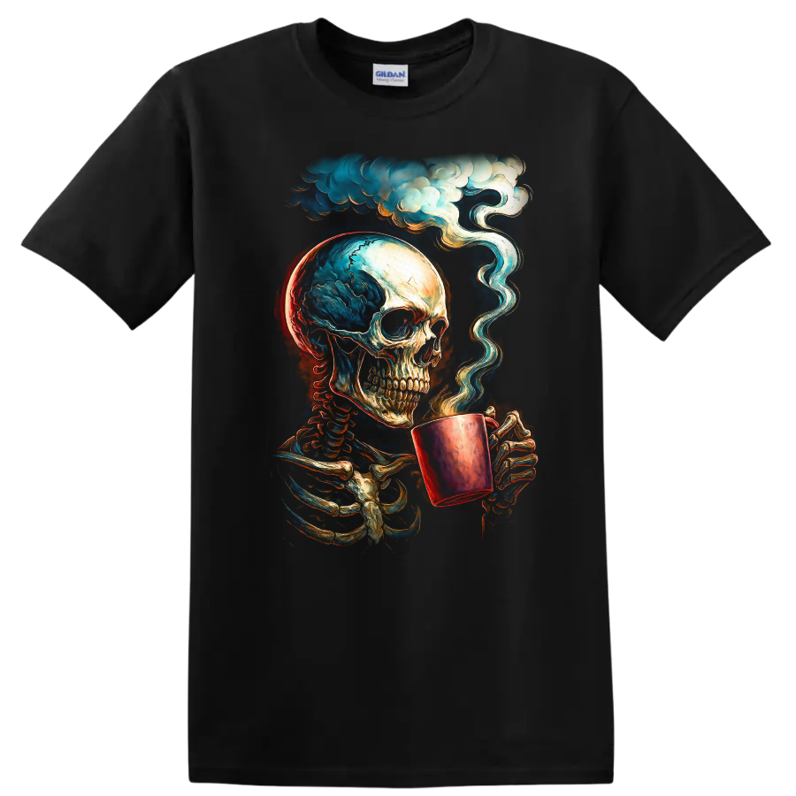 Vintage gothic skeleton skull holding a steaming cup beneath swirling clouds on a Black T Shirt