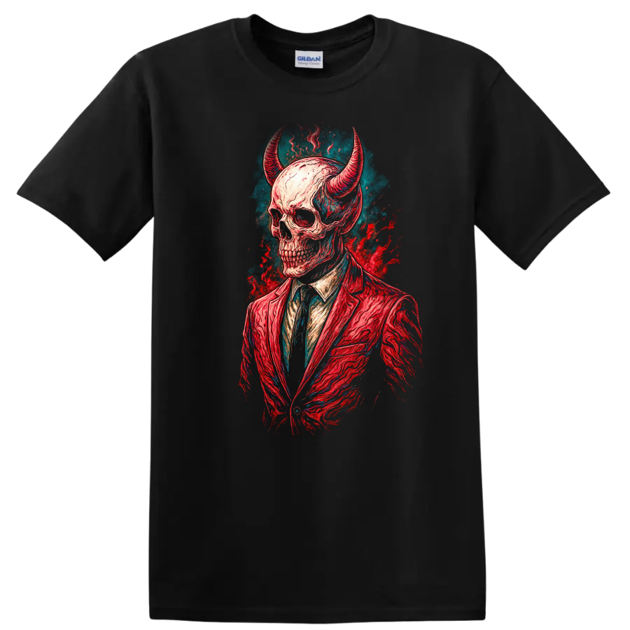 Horned skull in red suit, vintage gothic illustration with teal and red splashes on a Black T Shirt
