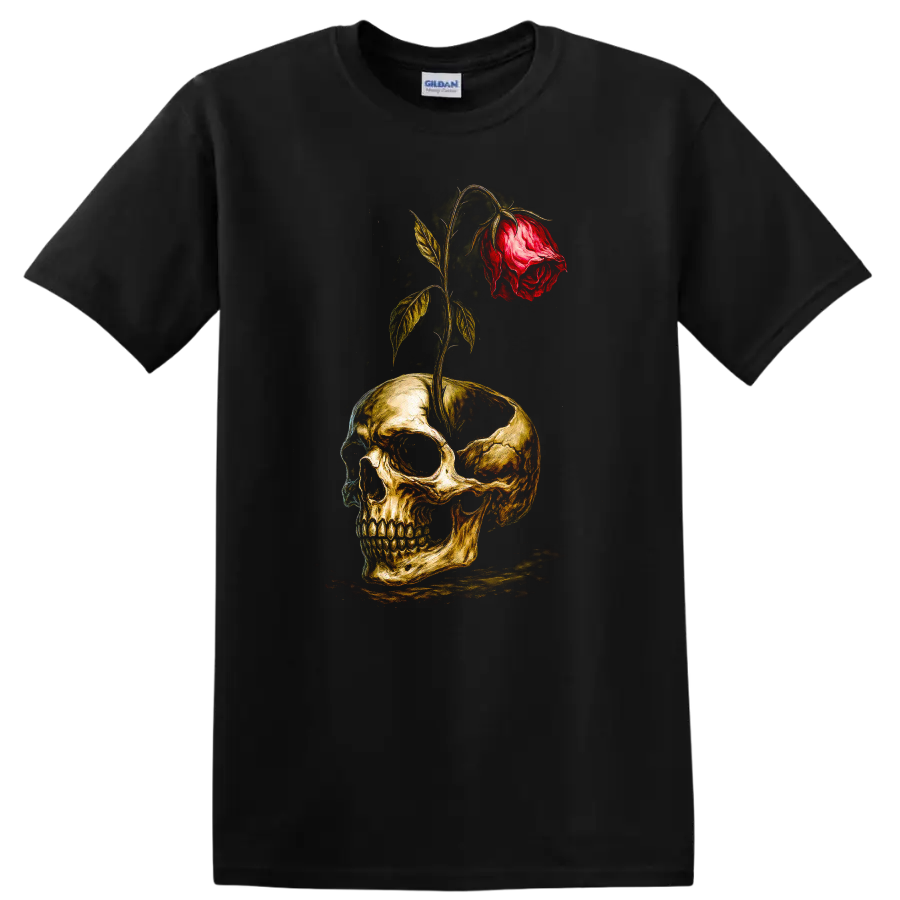 Vintage gothic skull graphic with a red rose growing through the top on a Black T Shirt