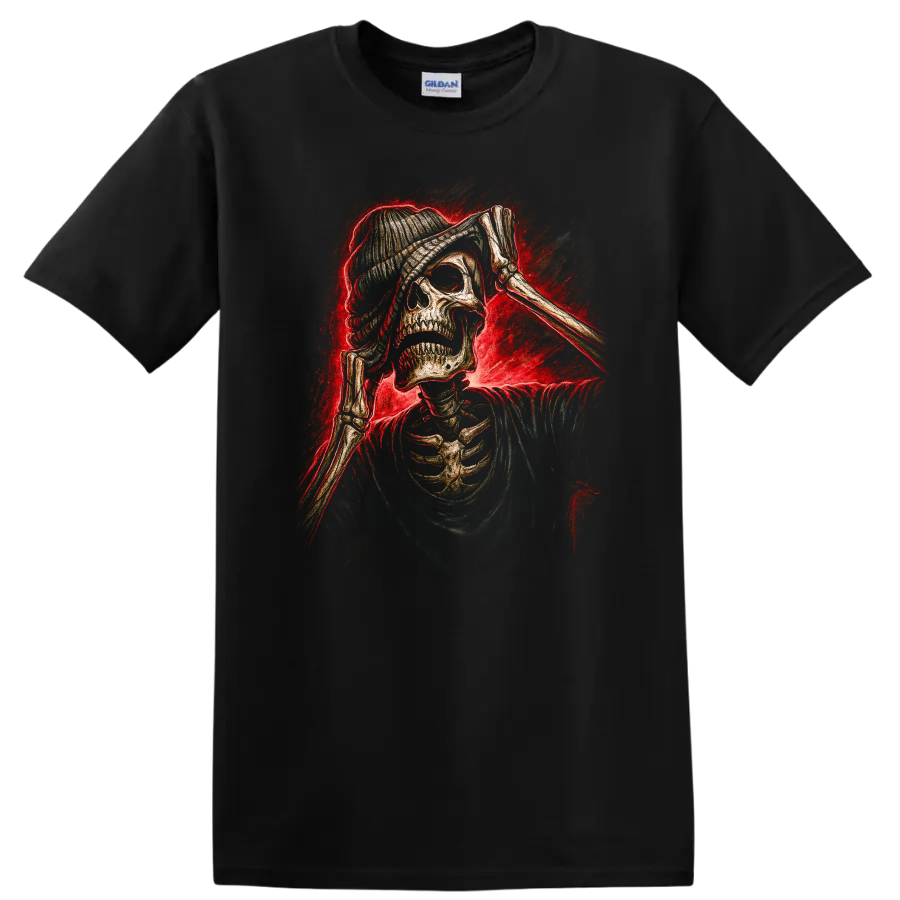 Vintage gothic skeleton skull in beanie with bony hands and red smoky glow on a Black T Shirt