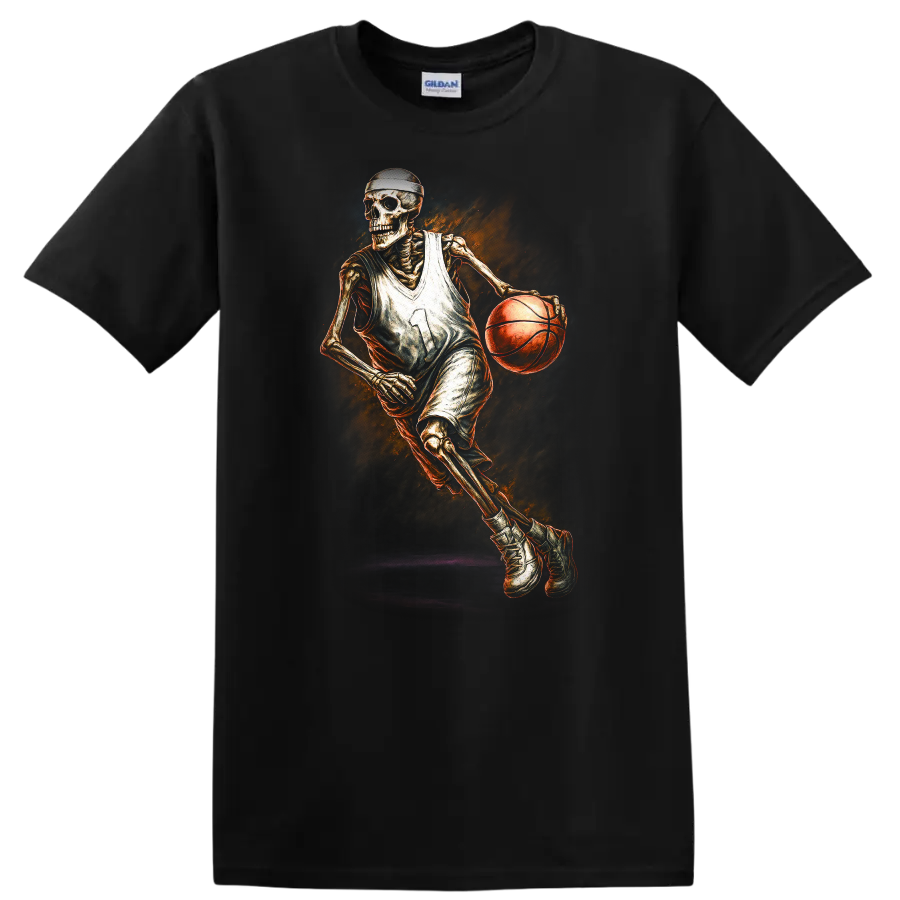 Vintage gothic skeleton basketball player dribbling with fiery orange artwork on a Black T Shirt