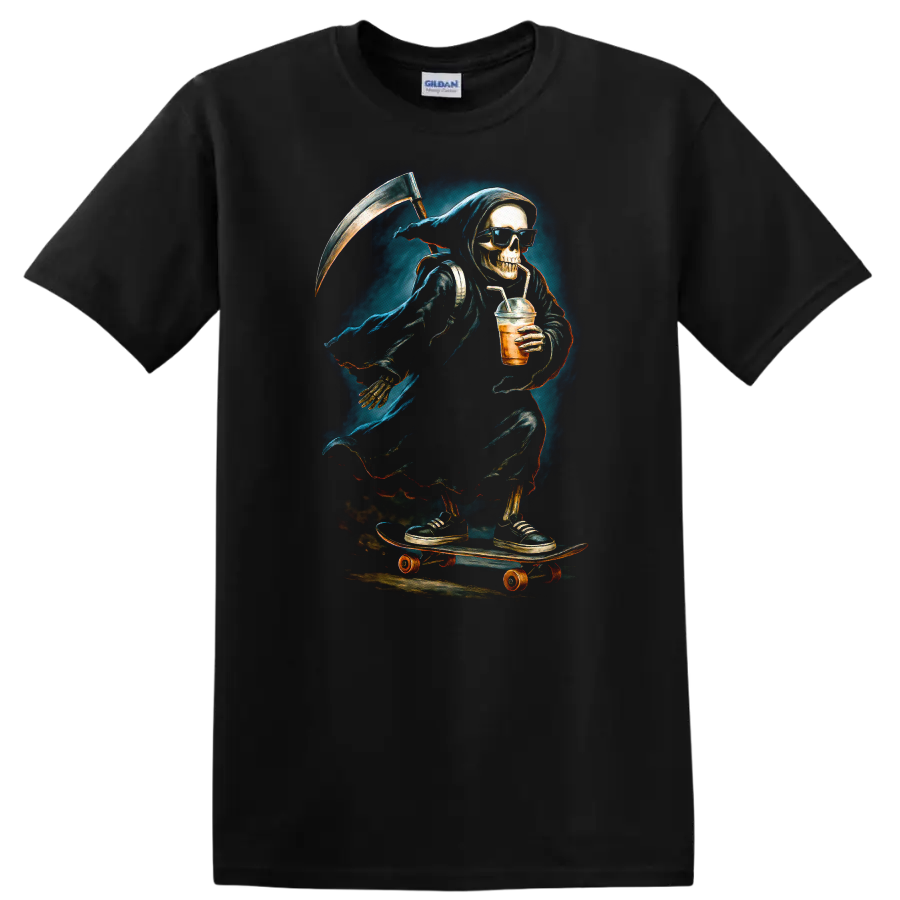 Vintage gothic Grim Reaper skeleton in sunglasses skating with a scythe and iced drink on a Black T Shirt