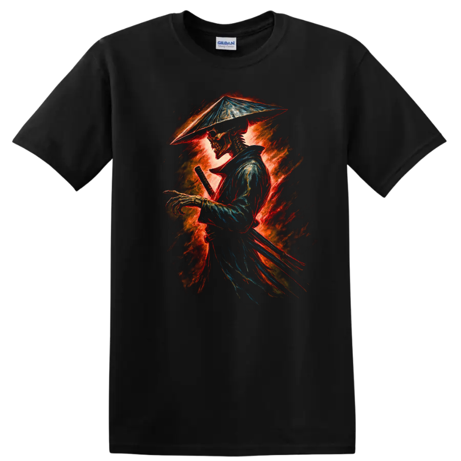 Fiery vintage-style skeleton samurai swordsman graphic in a conical hat on a Black T Shirt