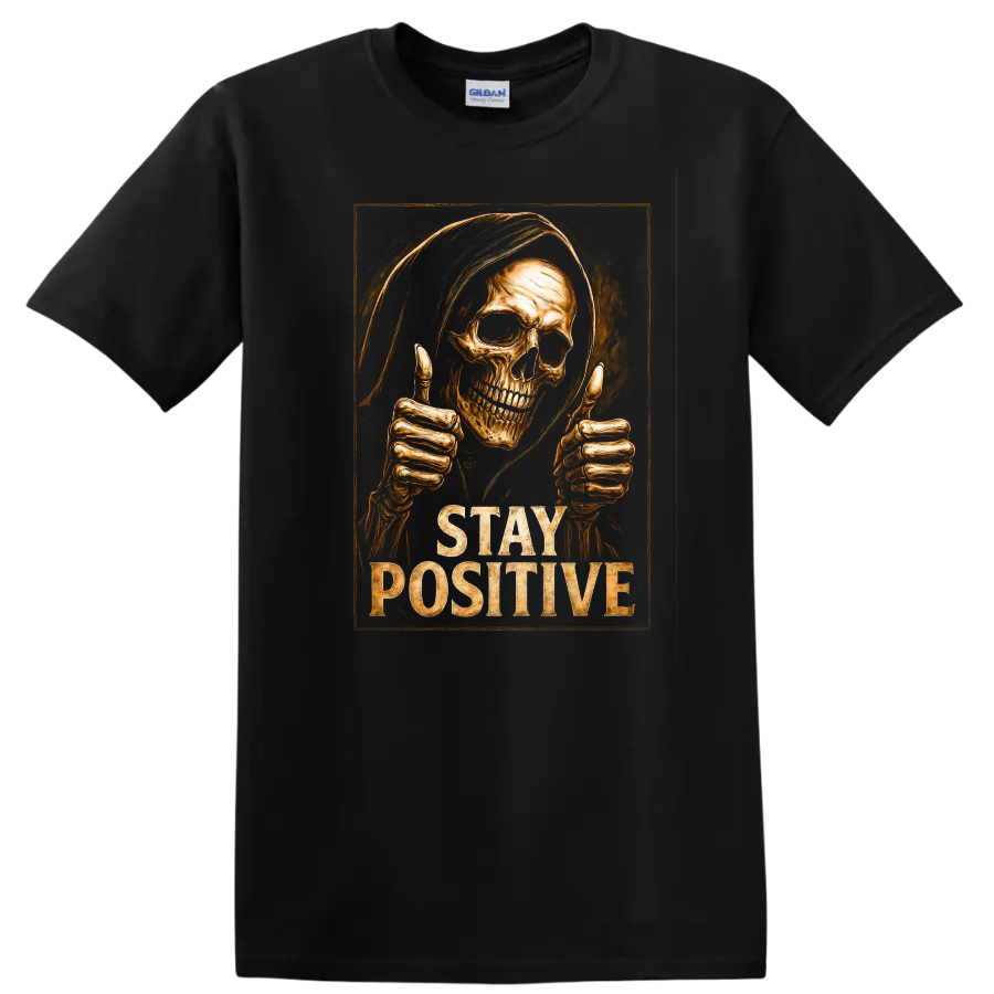 Hooded skull giving thumbs up with distressed Stay Positive gothic lettering on a Black T Shirt