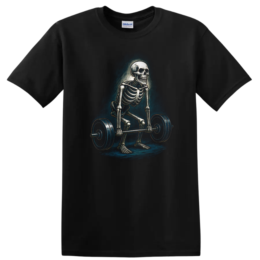Vintage gothic skeleton performing a barbell deadlift graphic on a Black T Shirt