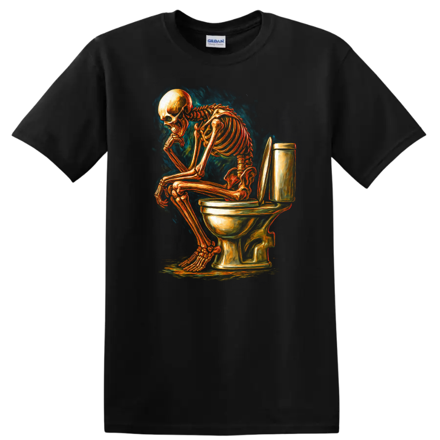 Vintage gothic skeleton sitting on a toilet in detailed dark humor artwork on a Black T Shirt