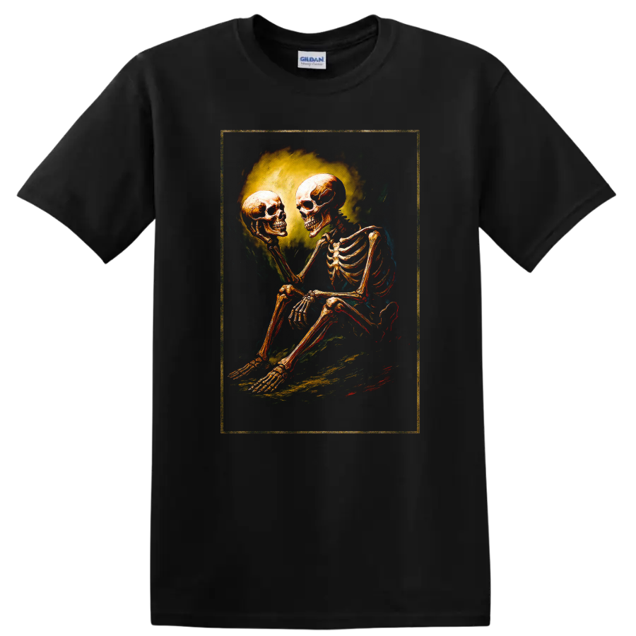 Vintage gothic skeleton holding a skull in a moody dark art illustration on a Black T Shirt
