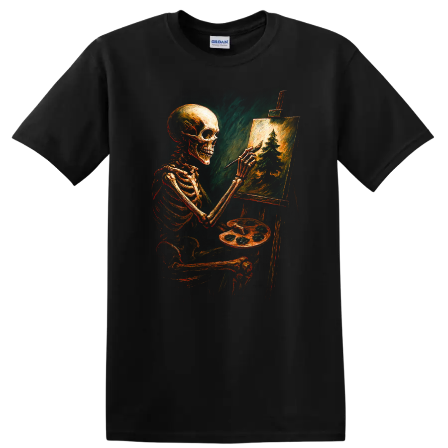 Vintage gothic skeleton artist painting an evergreen forest on an easel on a Black T Shirt