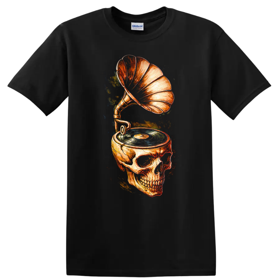 Vintage skull gramophone and turntable graphic with vinyl record on a Black T Shirt