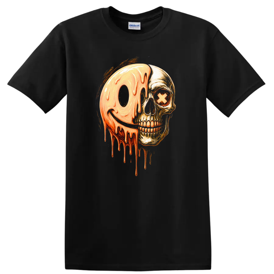 Vintage gothic skull with a melting orange smiley face and X eye graphic on a Black T Shirt