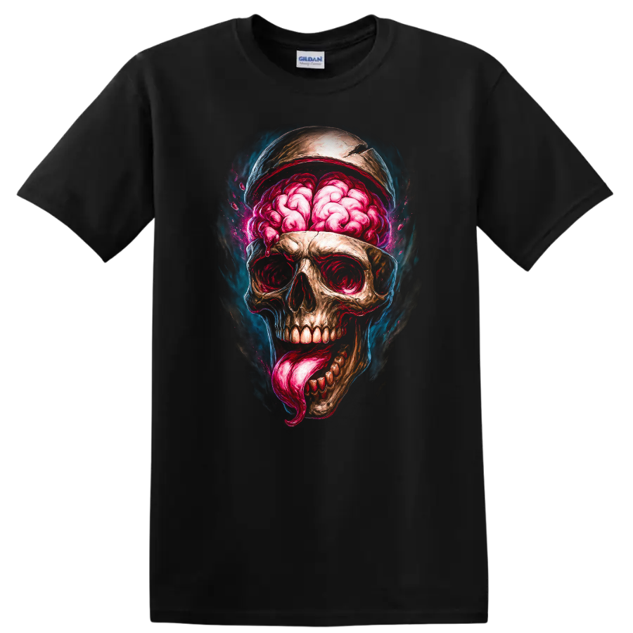 Exposed brain skull with pink tongue in vivid gothic horror illustration on a Black T Shirt