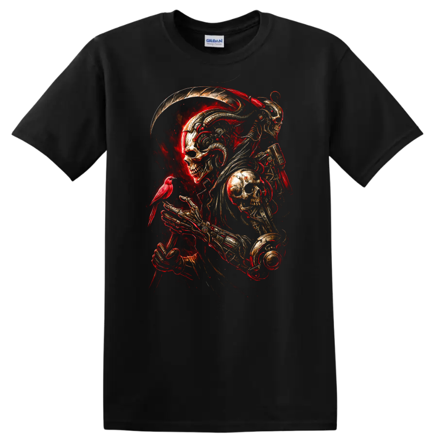 Mechanical skeleton reaper with skull armor, red bird, and fiery gothic art on a Black T Shirt