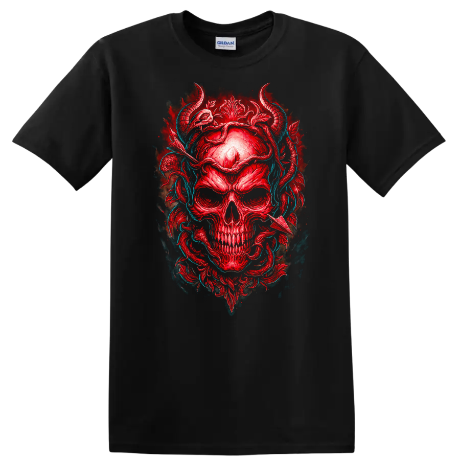 Red horned skull with crystal, gothic floral ornament, and teal vines on a Black T Shirt