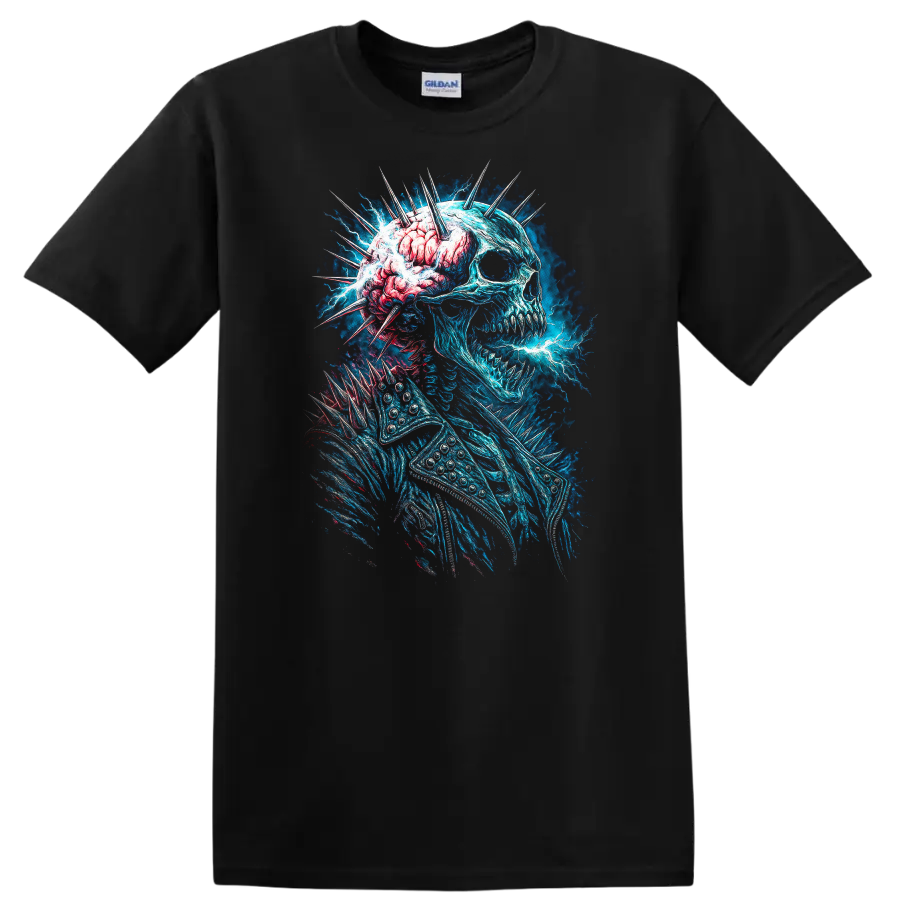 Electric blue skull with exposed brain, spikes, and gothic horror energy art on a Black T Shirt