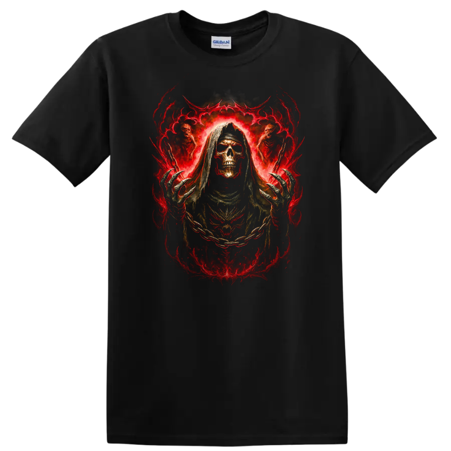 Hooded skull Grim Reaper in fiery red gothic horror artwork on a Black T Shirt