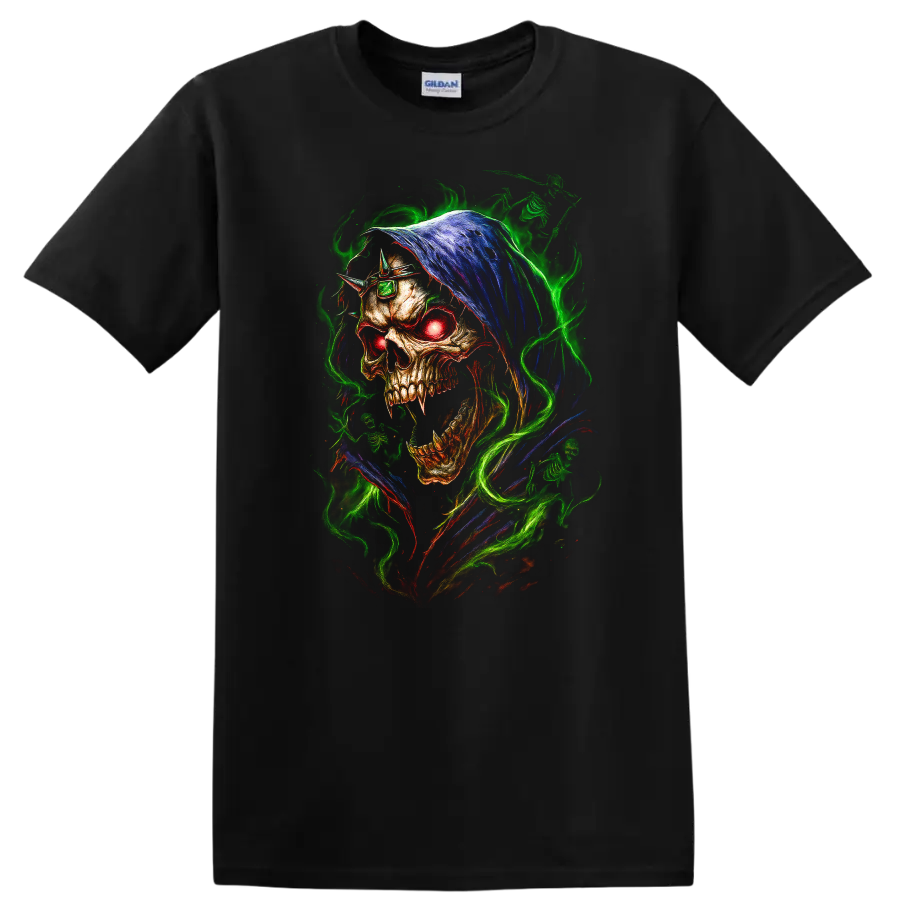 Hooded skull with glowing red eye and neon green flames in gothic horror art on a Black T Shirt