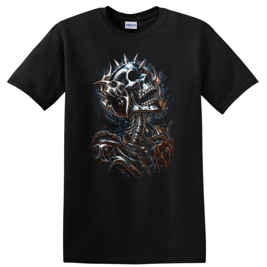 Spiked skeleton skull in distressed gothic horror art with smoky fiery accents on a Black T Shirt