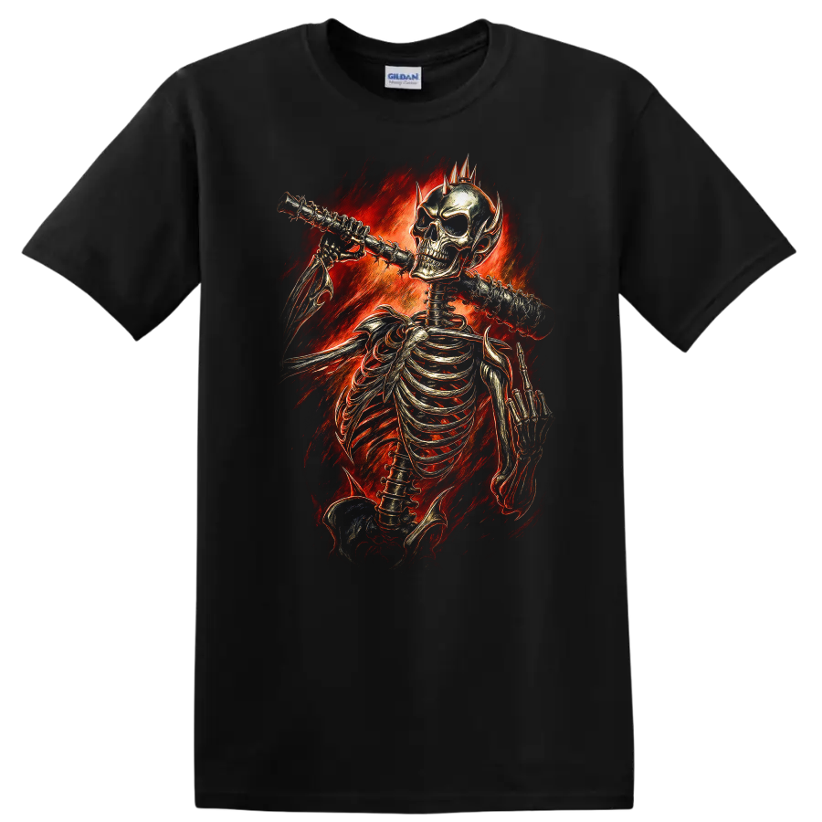 Vintage gothic skeleton playing flute amid fiery red flames on a Black T Shirt