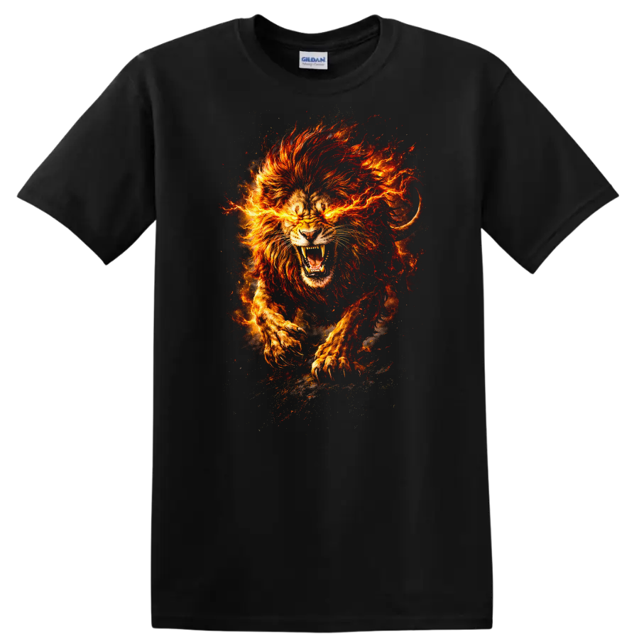 Fiery Lion Head Art T Shirt Roaring Flame Animal Graphic - Black