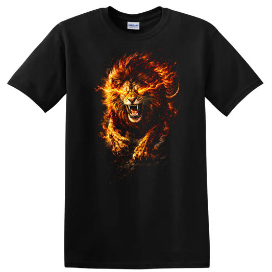 Fiery Lion Head Art T Shirt Roaring Flame Animal Graphic - Black