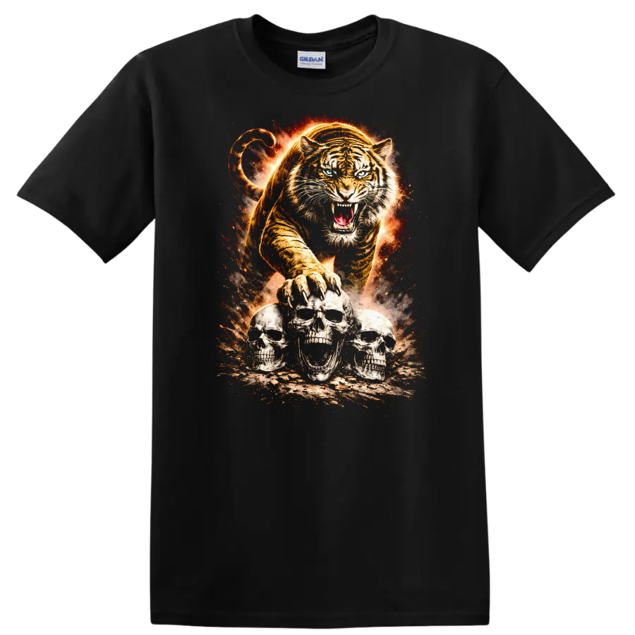 Roaring Tiger and Skull Trio Fierce Animal Graphic T Shirt - Black