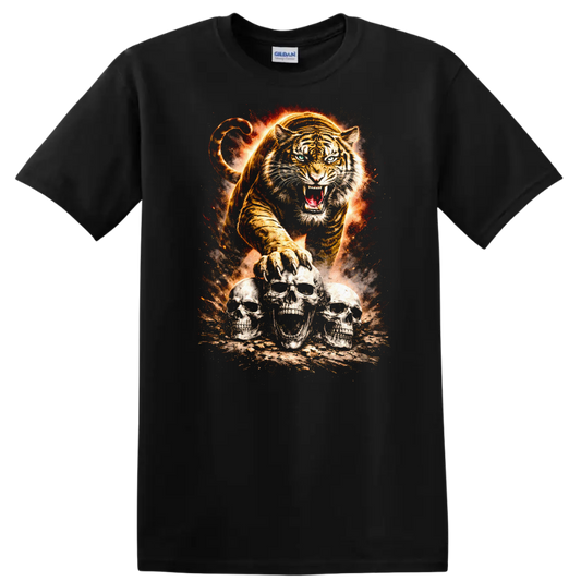 Roaring Tiger and Skull Trio Fierce Animal Graphic T Shirt - Black