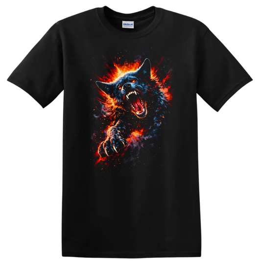 Exploding Blue Wolf Fireburst Graphic T Shirt for Animal Lovers - Black