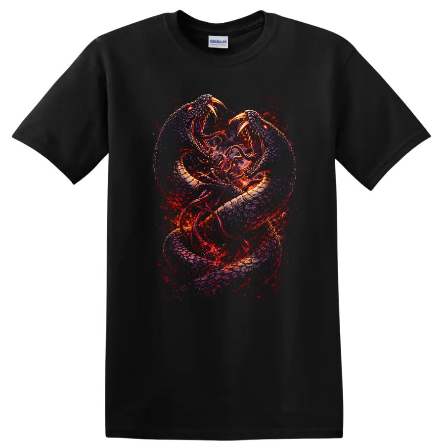 Twin Serpent Dragon Clash Fantasy Art T Shirt for Animal Lovers - Black