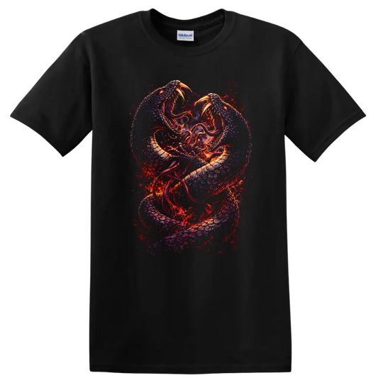 Twin Serpent Dragon Clash Fantasy Art T Shirt for Animal Lovers - Black