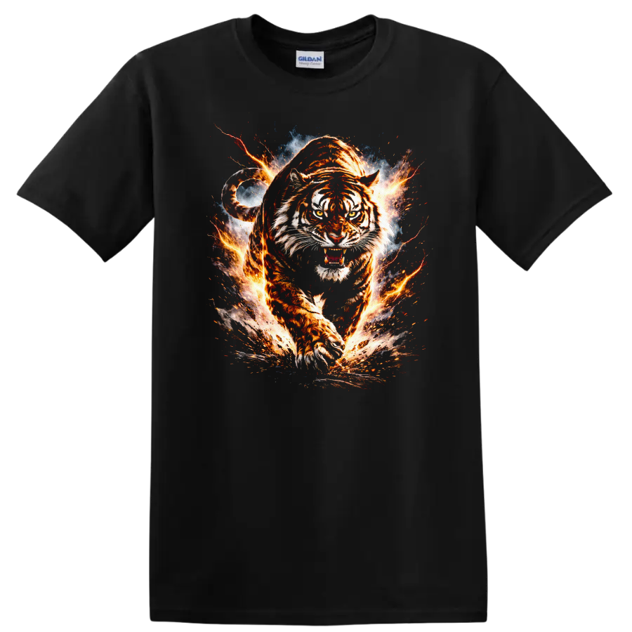 Fiery Tiger Attack Graphic T Shirt Bold Animal Wild Style - Black