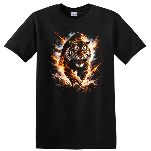 Fiery Tiger Attack Graphic T Shirt Bold Animal Wild Style - Black