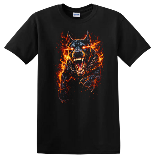Fiery Pit Bull Dog T Shirt Aggressive Flaming Animal Graphic - Black